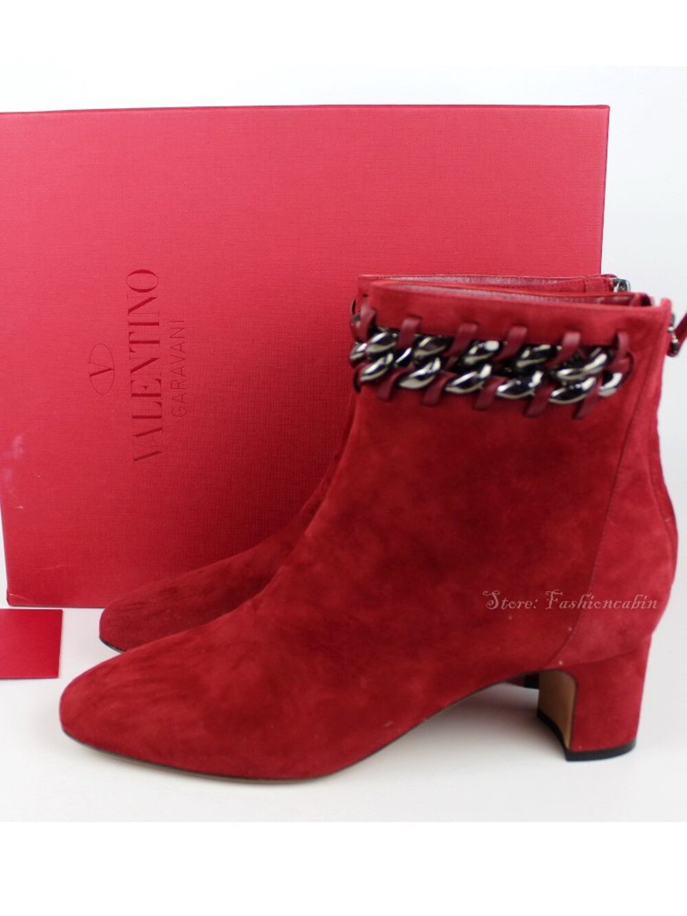 New Valentino Garavani Suede Bootie with Chain, Red, EU 37